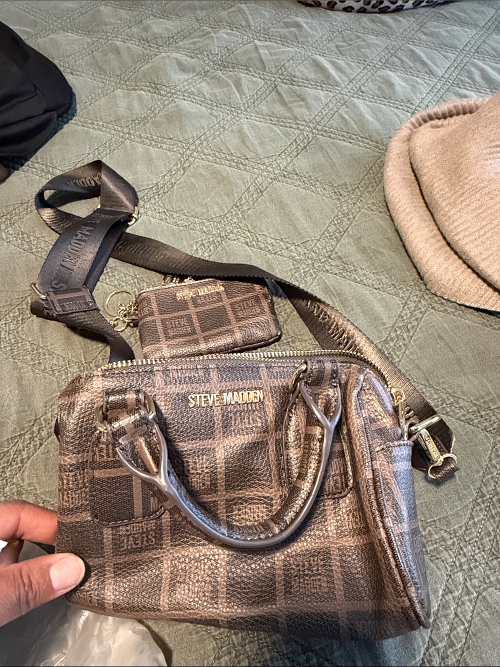 Steve Madden Brown Logo-Print Crossbody Satchel with Card Pouch
